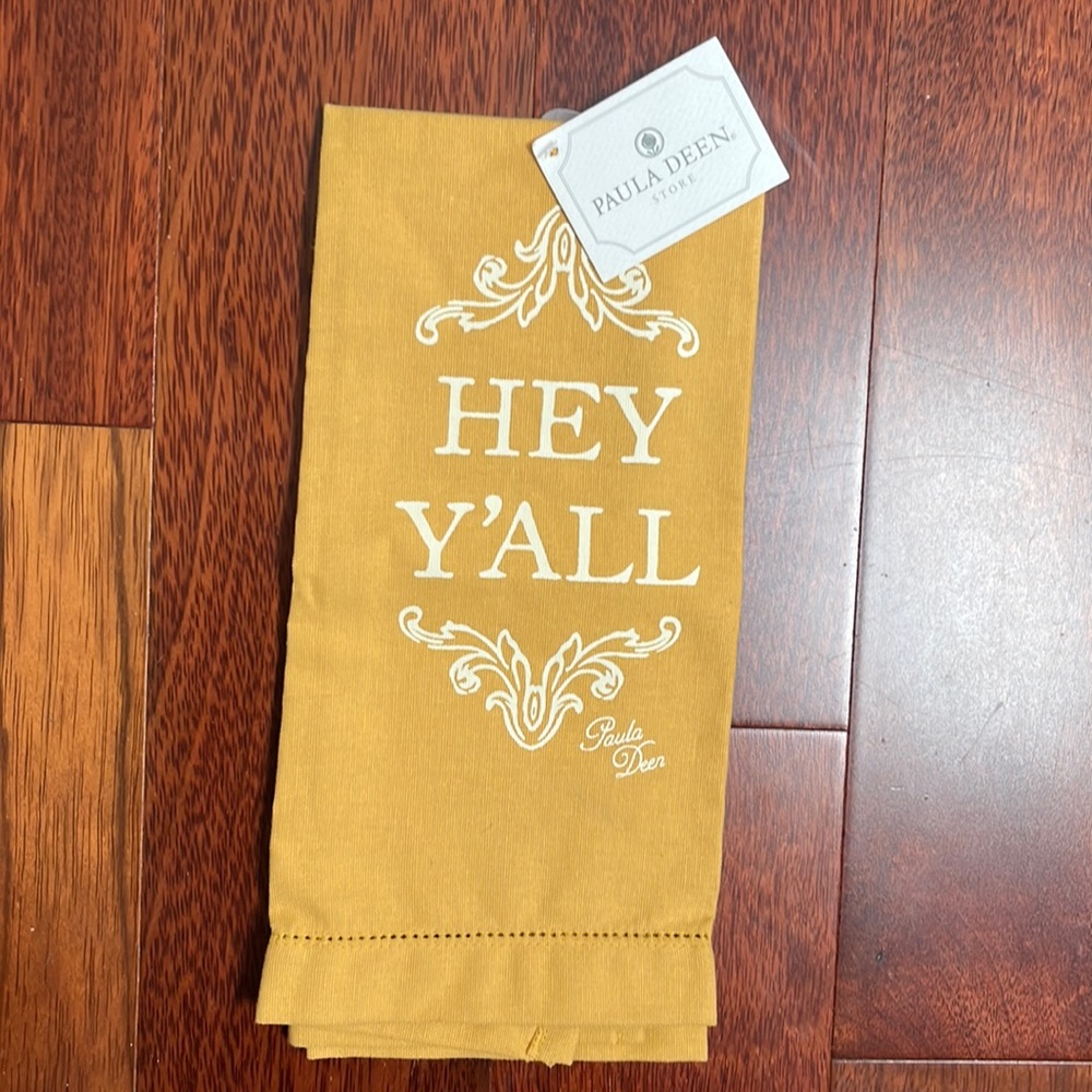 NWT Paula Deen "Hey Y'all' Gold Tea Towel White Lettering & Decoration